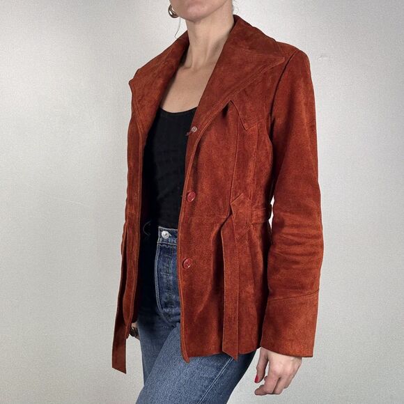 Vintage 70s Rust Suede Leather Jacket | Retro Belted Coat | Made in Korea - Picture 2 of 15